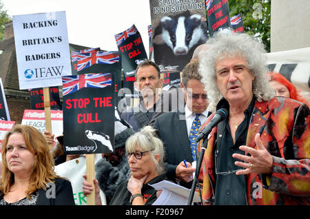 Brian May s'exprimant lors de la protestation contre la politique de réforme du blaireau à défaut, Westminster, London, UK, 8 sept 2015 Banque D'Images