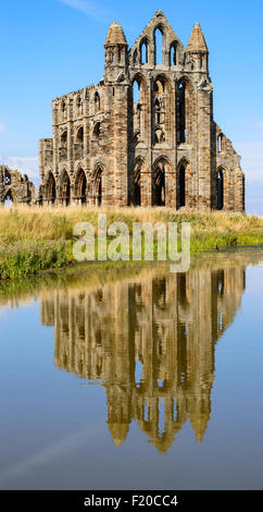 L'Abbaye de Whitby reflété dans le lac en premier plan. À l'abbaye de Whitby, North Yorkshire, Angleterre.