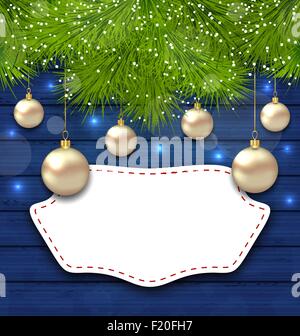 Navidad carte postale avec des boules d'or et de branches de sapin Illustration de Vecteur