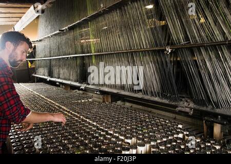 Homme weaver à l'aide d'anciennes machines à tisser dans l'usine de textile Banque D'Images