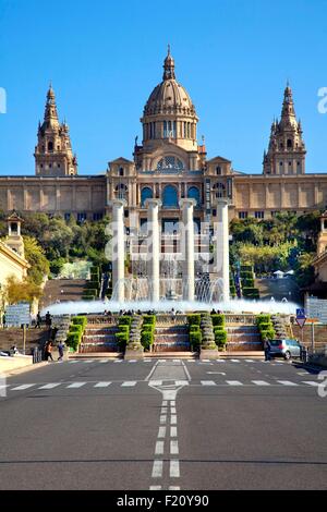 Espagne, Catalogne, Barcelone, Montjuic, Palais National de Montjuic où il y a le Museu Nacional d'Art de Catalogne (MNAC), Musée National d'Art de la Catalogne, dans la photo, les quatre anciennes colonnes par l'architecte Puig i Cadafalch en face de la Fontaine Magique Banque D'Images