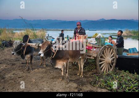Myanmar (Birmanie), l'État de Shan, la tribu de Pao, Sagar Lake, Sagar (Samkar Inlay), les gens arrivent par bateau sur le lac avant d'aller au marché Banque D'Images