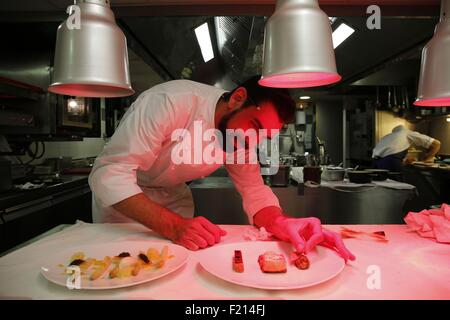 France, Haute-Savoie, Megève en hiver, l'Alpaga villas et appartements, restaurant avec Chef Christophe Schuffenecker classé une étoile Michelin dans Banque D'Images