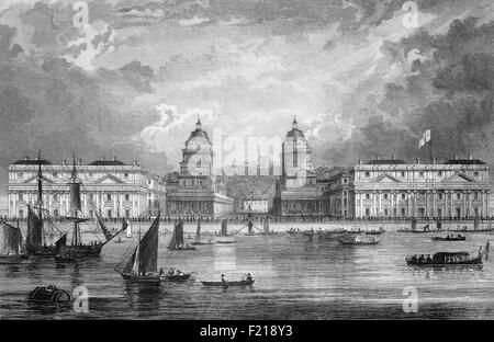 Une vue du 19e siècle de l'hôpital de Greenwich, Londres, Angleterre fondée en 1694 sur la rive sud de la Tamise sur les instructions de la reine Mary II, après avoir vu des marins blessés revenant de la bataille de la Hogue en 1692. Elle est devenue une maison permanente pour les marins retraités de la Marine royale, de 1692 à 1869. Le mot « hôpital » a été utilisé dans son sens originel d'un endroit accueillant les personnes qui en ont besoin, et ne faisait pas référence aux soins médicaux, bien que les bâtiments comprenaient une infirmerie construite dans les années 1760 où les retraités étaient assistés par un personnel médical formé. Banque D'Images