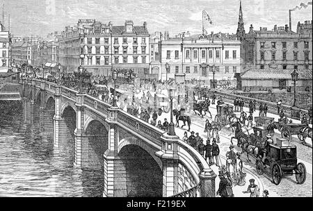 Vue du XIXe siècle sur le pont original de Glasgow qui enjambe la rivière Clyde et s'est achevé en 1772, Et conçu par William Mylne, il a été modifié plusieurs fois jusqu'en 1899 lorsqu'il a été remplacé par le pont plus large actuel, il a incorporé la maçonnerie de Telford et a élargi les arches pour accueillir des navires plus grands, l'Écosse. Banque D'Images