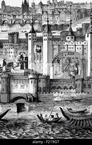 La captivité du duc d'Orlean, l'un des nombreux nobles français à la bataille d'Agincourt le 25 octobre 1415. Il a été découvert non blessé sous une pile de cadavres, et inapte par le poids de sa propre armure. Il a été pris prisonnier et a séjourné une captive pendant 24 ans à Londres vu ici avec ses bâtiments et la Tamise, en Angleterre Banque D'Images