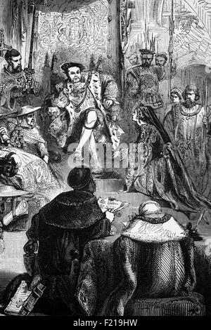 Le procès de la reine Catherine d'Aragon en 1529, première femme d'Henri VIII, dont le mariage avec le roi a été annulé. En 1525, Henry VIII a été infecté par Anne Boleyn et insatisfait du fait que son mariage avec Catherine n'avait produit aucun fils survivant. Le pape Clément VII a refusé d'annuler le mariage, et Henry l'a défié en assumant la suprématie sur les questions religieuses. En 1533, leur mariage a donc été déclaré invalide et Henry a épousé Anne sur le jugement du clergé en Angleterre, sans référence au pape. Banni d'elle a vécu et est mort au château de Kimbolton en 1536 de cancer. Banque D'Images