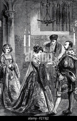 Le mariage de Henri VIII à Anne Boleyn le 25 janvier 1533. Le 23 mai 1533, Thomas Cranmer a déclaré nul et nul le mariage de Henry et Catherine, cinq jours plus tard toutefois, il a déclaré bon et valide le mariage de Henry et d'Anne. Banque D'Images