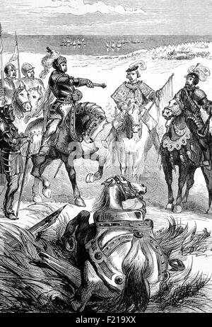 Un Héraut livrant un défi au combat unique de Lord Huntley au duc de Somerset; Prélude à la bataille de Pinkie Cleugh, sur les rives de l'Esk près de Musselburgh, Écosse le 10 septembre 1547, c'était la dernière bataille entre les armées écossaises et anglaises dans les îles britanniques, avant l'Union des couronnes. Elle faisait partie du conflit connu sous le nom de la Grande-Bretagne et est considérée comme la première bataille moderne dans les îles britanniques. C'était une défaite catastrophique pour l'Écosse, où elle est devenue connue sous le nom de « samedi noir » Banque D'Images