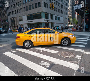 Les taxis de leurs affaires sur la Cinquième Avenue à New York le Jeudi, Septembre 3, 2015. En raison de l'augmentation de l'Uber et d'autres apps médaillons de taxi ont diminué en valeur à environ 900 000 $ de prêts avec les arriérés à la hausse. Le Melrose Credit Union a $168 millions de dollars en arriérés en mai 2015 alors qu'en janvier 2014 il n'avait que 32 000 $. Au cours des six prochains mois Melrose a 212 millions de dollars en prêts arrivant à échéance qui beaucoup de propriétaires seront en mesure de payer. (© Richard B. Levine) Banque D'Images