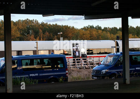 Roedby, le Danemark, le 9 septembre 2015. Entoure la police deux trains à Roedby avec quelque 240 réfugiés qui veut demander l'asile en Suède. Ils se voient refuser le transit par le Danemark et la demande de la police de les sortir de la forme. La stratégie de la police est le dialogue et non la force. Credit : OJPHOTOS/Alamy Live News Banque D'Images