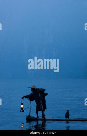 Silhouette d'un oiseau Cormorant et un pêcheur sur un radeau en bambou ajustant sa lanterne dans les petites heures de l'aube Banque D'Images