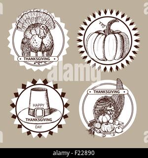 Thanksgiving Sketch jeu d'étiquettes de style vintage, vecteur. Hat, la citrouille, la Turquie et l'abondance. Illustration de Vecteur