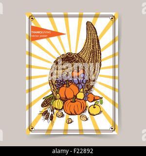 Thanksgiving cornucopia croquis dans un style vintage, vector poster Illustration de Vecteur