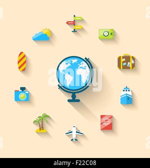 Ensemble télévision icones de globe et de voyage vacances, style simple avec Illustration de Vecteur