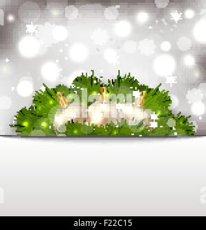Joyeux Noël carte postale avec des branches de sapin et boules d'or Illustration de Vecteur