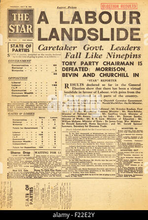 1945 L'Étoile (Londres) front page reporting Clement Atlee remporte l'élection générale britannique du travail Banque D'Images