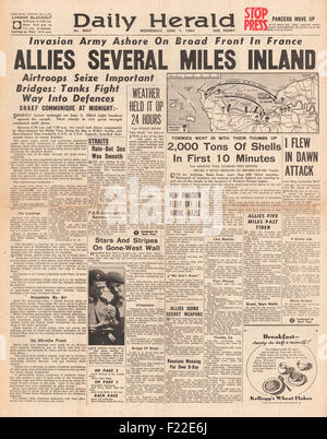 1944 Daily Herald/la page déclaration débarquement des Alliés en Normandie Banque D'Images