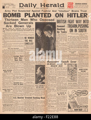 1944 Daily Herald/la page déclaration tentative d'assassinat sur Adolf Hitler Banque D'Images