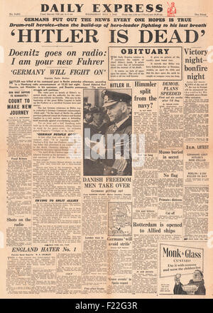 1945 Daily Express front page Rapport sur le décès d'Adolf Hitler Banque D'Images