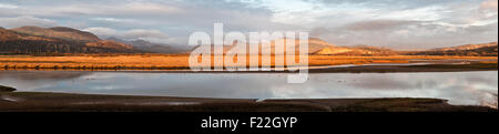Porthmadog, Gwynedd, au nord du Pays de Galles, Royaume-Uni. Lumière du soir sur les montagnes de Snowdonia et de l'Afon Glaslyn estuaire (vue panoramique) Banque D'Images