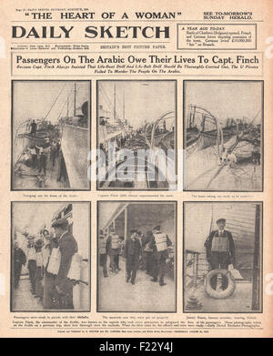 1915 Daily Sketch White Star Liner SS arabe coulé par U-Boat Banque D'Images