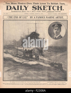 1915 esquisse quotidienne du naufrage du sous-marin allemand U-12 Banque D'Images