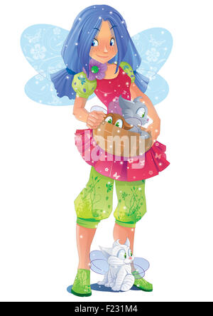 Beau conte de gardien d'animaux domestiques. Carte d'invitation pour un séjour de vacances ou d'anniversaire. Illustration Raster. Banque D'Images