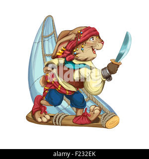 Cartoon hare pirate flotte sur un navire à voile à partir d'un journal et est titulaire d'un sabre en main. Carte d'invitation pour un séjour de vacances ou d'anniversaire. Banque D'Images