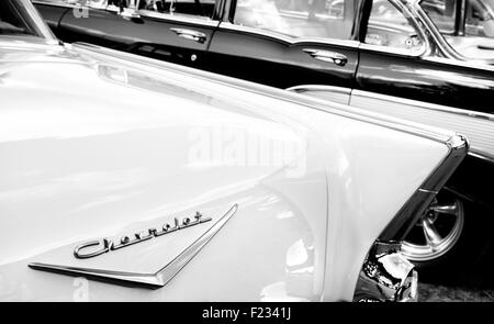 1957 Chevrolet Bel Air. Chevy. Voiture américaine classique. Le noir et blanc Banque D'Images
