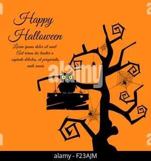 Happy Halloween Carte de Vœux. Design élégant avec un arbre, gothique, Owl, bandes de bois et les araignées sur fond orange. Vector illustration. Illustration de Vecteur