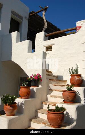 Cache-pots sur un escalier d'une maison en Grèce Amorgos Langada Banque D'Images