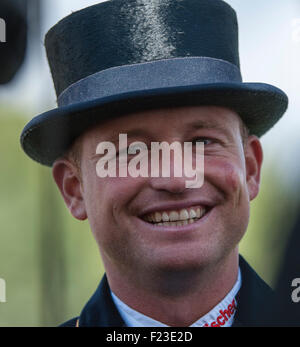 Blair Atholl, en Écosse, au Royaume-Uni. 10 Septembre, 2015. Michael Jung [GER] FischerTakinou équitation dressage AA après son test sur le premier jour. La FEI European Eventing Championships 2015 Blair Castle Crédit : Stephen Bartholomew/Alamy Live News Banque D'Images