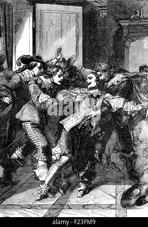 Bien qu'à Portsmouth en 1628, George Villiers, 1 duc de Buckingham a été poignardé à mort, le 23 août, à l'entremise de Greyhound Pub. L'assassin était John Felton, un officier de l'armée qui pensaient qu'il avait été passé pour la promotion par Buckingham. Il a été pendu en octobre de cette année. Banque D'Images