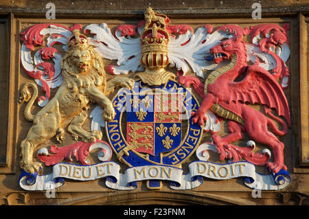 Les armoiries royales du roi Édouard 6e au-dessus de l'entrée de Sherborne School, qui a été fondée en son règne. Dorset, Angleterre, Royaume-Uni. Banque D'Images