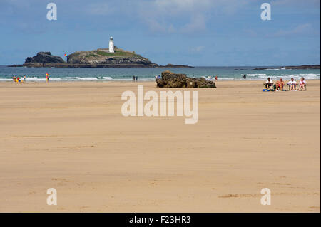 Gwithian Godrevy lighthouse, beach, Cornwall, England, UK. Summertime Banque D'Images