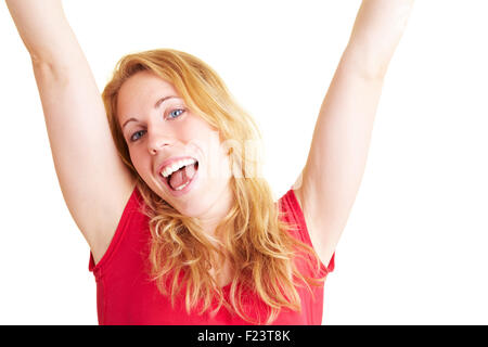 Happy woman smiling et acclamer avec ses bras tendus Banque D'Images