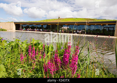 La nouvelle station de Gloucester sur l'autoroute M5, au Royaume-Uni, est un bâtiment avec un toit vert, qui sert d'identification eco et vend des produits locaux. Banque D'Images