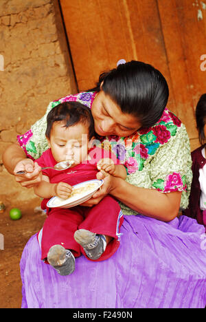 Guatemala, San Bartolo, mère de donner des aliments complémentaires à l'enfant (chispitas Osber danilo sontay Ramirez 11 mois, Candelaria Sandiega Ramirez Ramires 23 ans) Banque D'Images