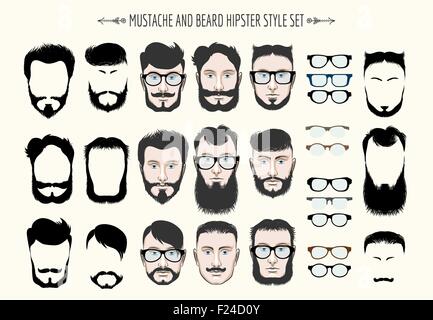 Barbe et moustache hippie fashion silhouette. Série de 9 styles différents. Isolé sur fond clair. Illustration de Vecteur