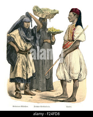 Costumes d'époque de l'Égypte du xixe siècle, fille de Bédouins, vendeur de fruits, Messanger Banque D'Images