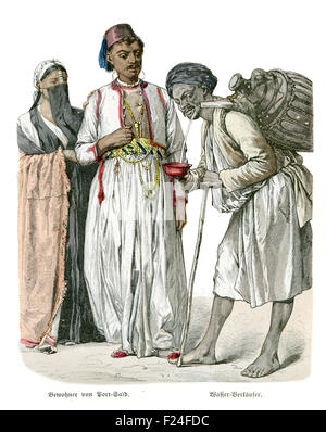 Costumes d'époque de l'Égypte du xixe siècle, l'homme et de la femme de Port Saïd et un vendeur d'eau Banque D'Images
