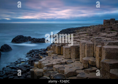 Sur le crépuscule des géants le long de la côte nord, dans le comté d'Antrim, Irlande du Nord, Royaume-Uni Banque D'Images