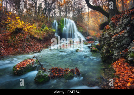 Belle cascade en forêt d'automne dans les montagnes de Crimée au coucher du soleil. Chute d'eau d'argent dans le Grand Canyon de Crimée. Banque D'Images