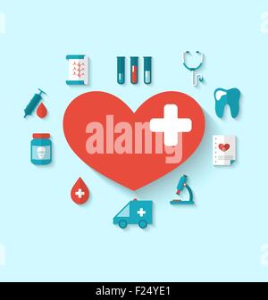 Télévision moderne Collection icônes de cœurs et d'éléments médicaux, sim Illustration de Vecteur