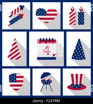 Icons Set Couleur Drapeau USA Date de l'Indépendance 4 juillet Illustration de Vecteur