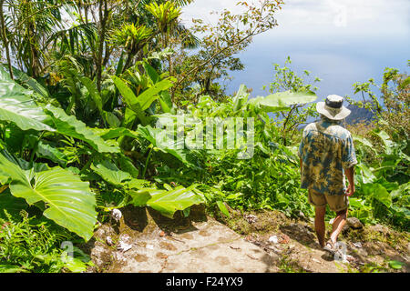 Randonneur sur le sentier au Mt. Paysages de Saba voit l'océan au loin Banque D'Images