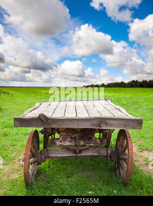 Rural ancien vide panier en bois se dresse sur champ vert sous ciel nuageux Banque D'Images