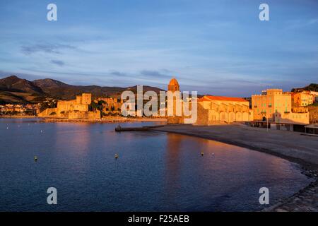 France, Pyrénées Orientales, Côte Vermeille, de Collioure à l'aube, le château royal et l'église de Notre Dame des Anges Banque D'Images