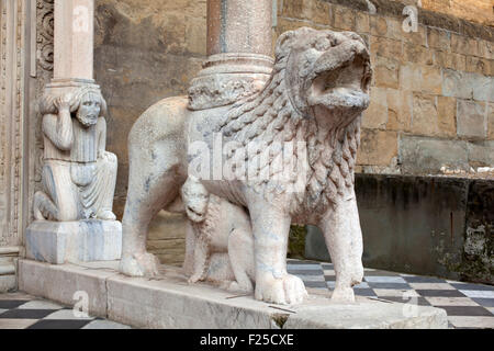 Détail de l'un des lions soutenant les colonnes de l'transept droit porche. Basilique de Santa Maria Maggiore, Bergamo Alta Banque D'Images